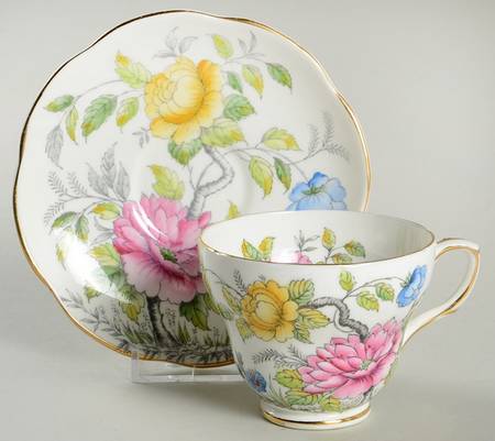 Peony Gray, Multicolor Footed Cup & Saucer Set
