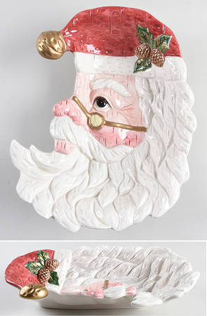 Wood Carved Santa 10" Oval Vegetable Bowl