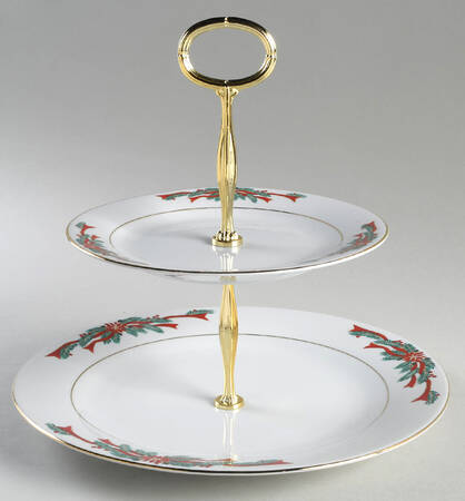 Poinsettia & Ribbons 6 5/8"-10"  2 Tiered Serving Tray (Dp, Sp) HC