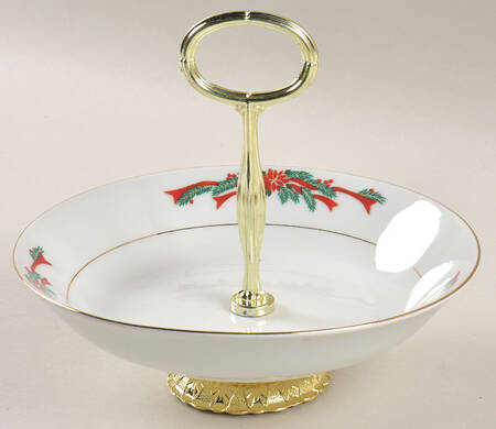 Poinsettia & Ribbons 6"-7" Handled Footed Nut Dish HC