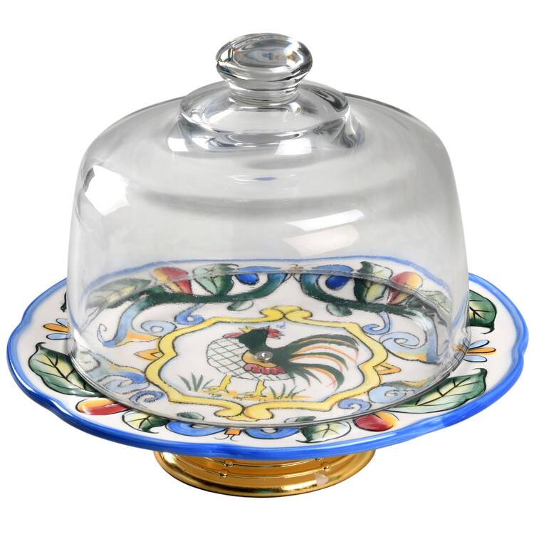 Ricamo Motif 6 1/2"-7 1/2" Footed Cheese Plate w/ Glass Dome HC
