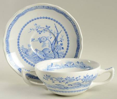 Quail Blue (Blue Ship Backstamp) Flat Cream Soup Bowl & Saucer Set