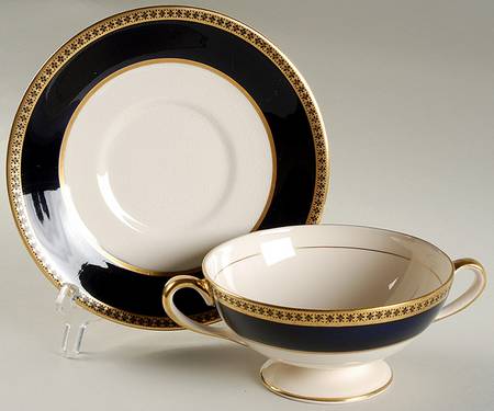 Newport Dark Blue Footed Cream Soup Bowl & Saucer Set