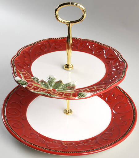 Damask Holiday 6 5/8"-10"  2 Tiered Serving Tray (Dp, Sp) HC
