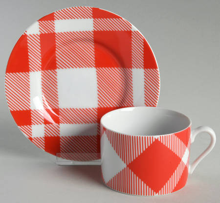Red and White Plaid Flat Cup & Saucer Set