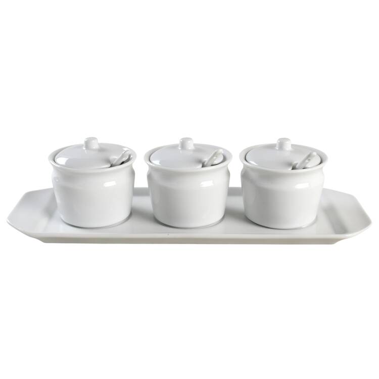 Everyday White (Porcelian) (10 Pc) Condiment Set (3 Jars & Spoons with Tray)