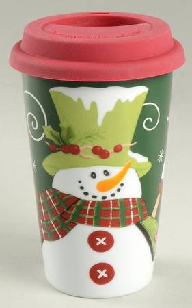 Holly Hat Snowman Travel Mug & Plastic Lid