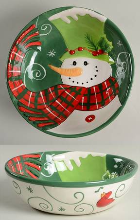 Holly Hat Snowman 10" Round Serving Bowl