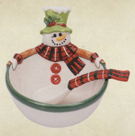 Holly Hat Snowman Dip Bowl W/Spoon