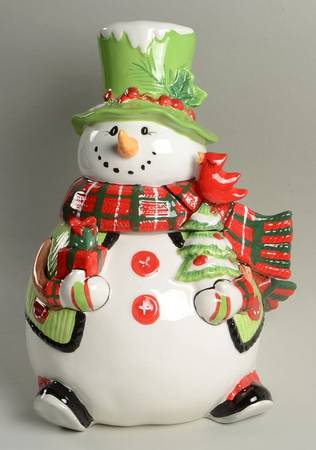 Holly Hat Snowman Figural Cookie Jar & Lid