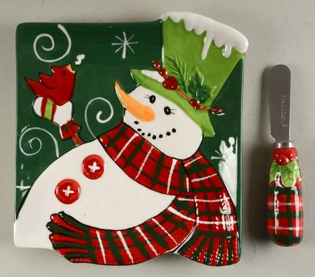 Holly Hat Snowman Snack/Canape Plate & Spreader