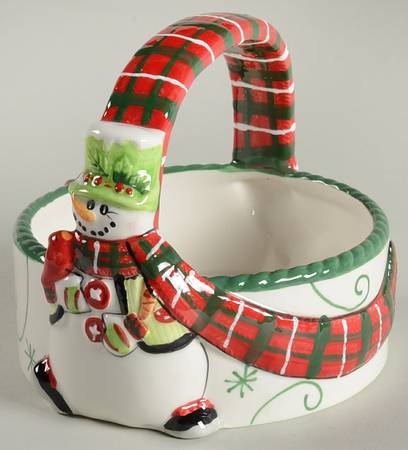 Holly Hat Snowman Figural Basket with Handle