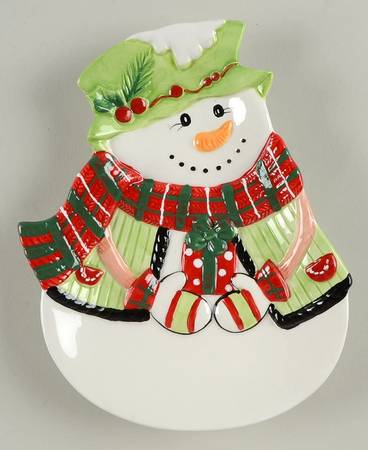 Holly Hat Snowman Figural Canape Plate