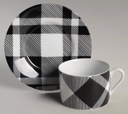Black and White Plaid Flat Cup & Saucer Set