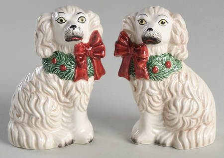 Staffordshire Christmas Dog Figural Salt & Pepper Set