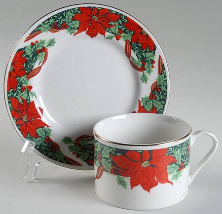Christmas Holly (Green Stamp) Flat Cup & Saucer Set
