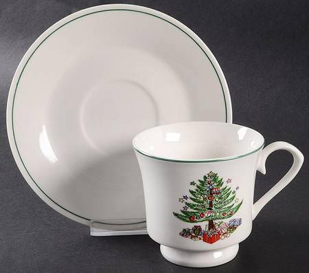 Christmas Tree White (Brown Bear) Footed Cup & Saucer Set by Gibson Designs