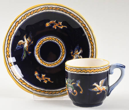 Renaissance Fond Blue Flat Demitasse Cup & Saucer Set by Faiencerie De Gien