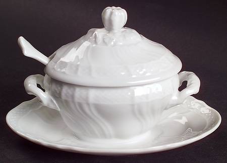 Bianco White (Vecchio Ginori Shape) Oval Mustard w/Lid, Attached Underplate & Spoon