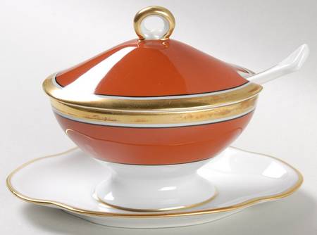 Contessa Rust Red Oval Mustard w/Lid, Attached Underplate & Spoon