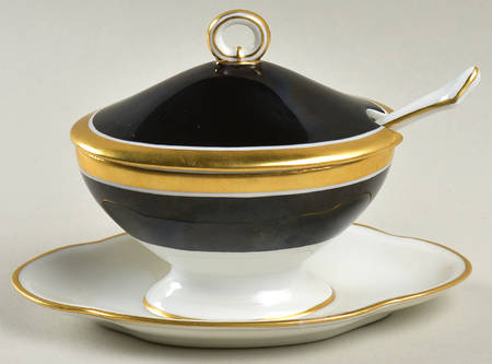 Impero Black Oval Mustard w/Lid, Attached Underplate & Spoon