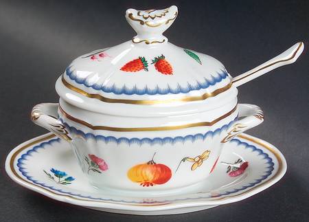 Italian Fruits (Antico Doccia) Mustard with Attached Underplate, Lid and Spoon