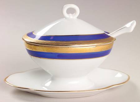 Palermo Blue Oval Mustard w/Lid, Attached Underplate & Spoon