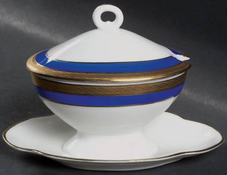 Palermo Blue Oval Mustard W/Lid & Attached Underplate