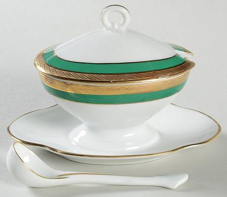 Palermo Green Oval Mustard w/Lid, Attached Underplate & Spoon