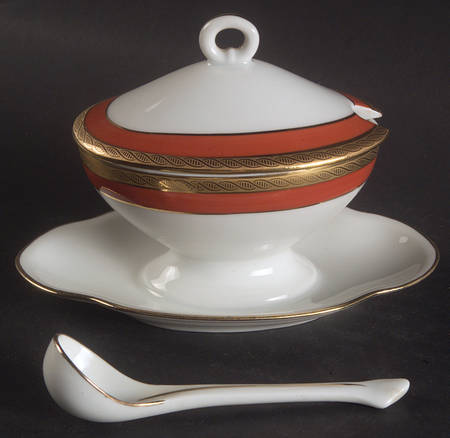Palermo Rust (Red) Oval Mustard w/Lid, Attached Underplate & Spoon