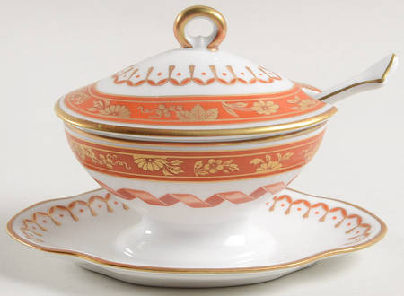 Pincio Red Oval Mustard w/Lid, Attached Underplate & Spoon