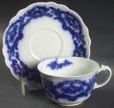 Alaska (Flow Blue, Gold Ring) Flat Cup & Saucer Set