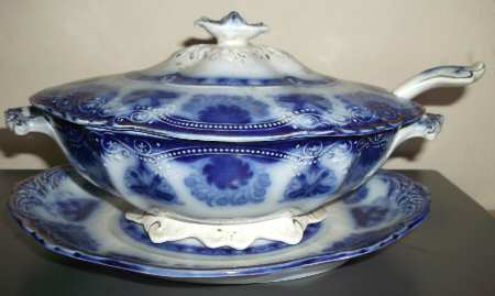 Baltic (Flow Blue) Sauce Boat & Lid & Underplate & Ladle