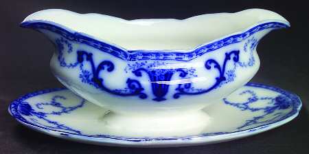 Denton (Flow Blue) Gravy Boat with Attached Underplate