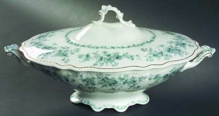 Eileen (White Background, Gold Trim) Oval Covered Vegetable