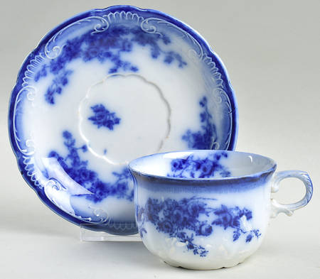 Marechal Neil (Flow Blue, No Gold) Flat Cup & Saucer Set