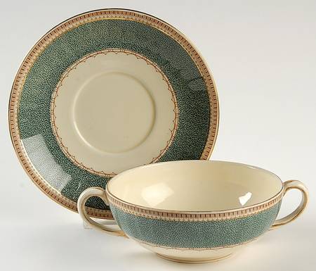Melrose (Wide Green Rim, Smooth) Flat Cream Soup Bowl & Saucer Set