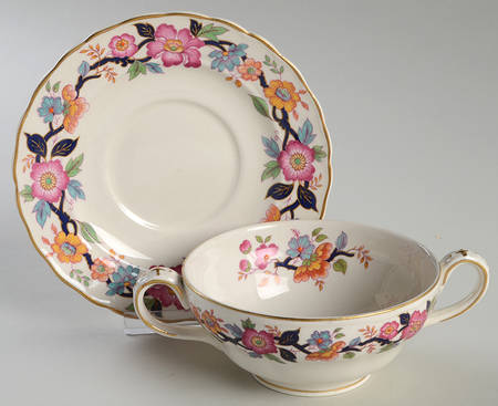 Old China Footed Cream Soup Bowl & Saucer Set