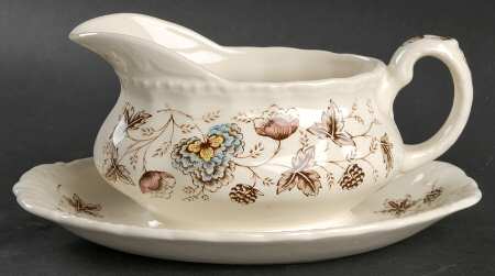 Old Chelsea Multicolor (Cream Background) Gravy Boat with Attached Underplate