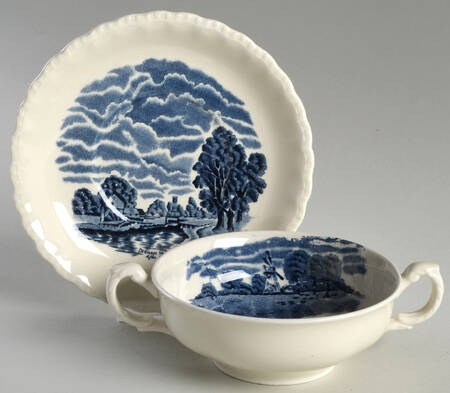 Scenes After Constable Blue (Center Design) Flat Cream Soup Bowl & Saucer Set