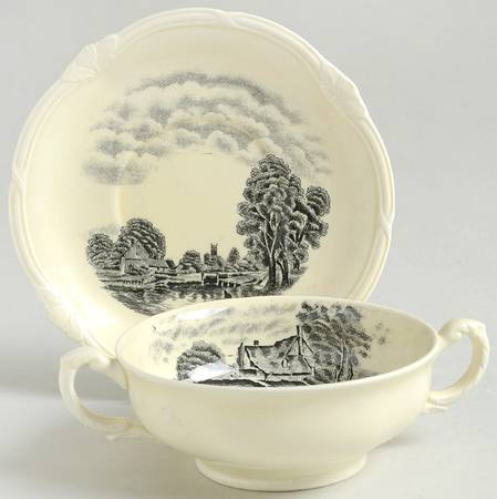 Scenes After Constable Black (Center Design) Flat Cream Soup Bowl & Saucer Set