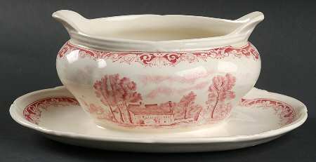 Scenes After Constable Pink (Cream) Gravy Boat with Attached Underplate