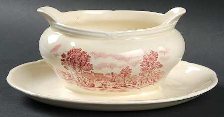 Scenes After Constable Pink (Center Design) Gravy Boat with Attached Underplate