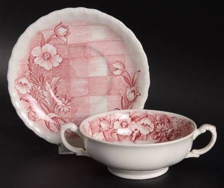 Trellis Pink Footed Cream Soup Bowl & Saucer Set