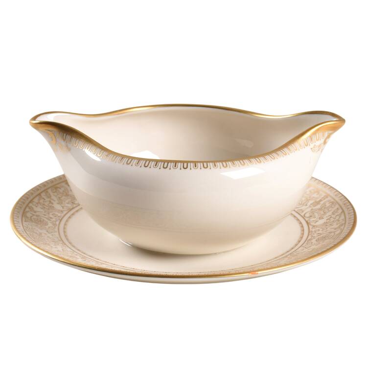 Lorenzo De Medici (Ivory with Gold) Gravy Boat with Attached Underplate