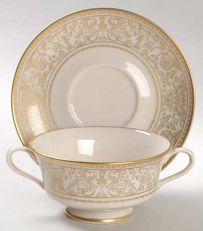 Lorenzo De Medici (Ivory with Gold) Footed Cream Soup Bowl & Saucer Set