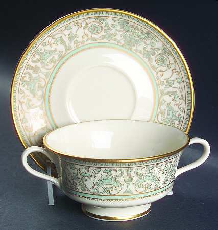 Lorenzo de Medici (Green-Blue with Gold) Footed Cream Soup Bowl & Saucer Set
