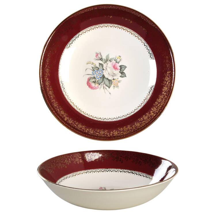 Tudor Rose (Floral Center, Maroon Rim) 9" Round Vegetable Bowl