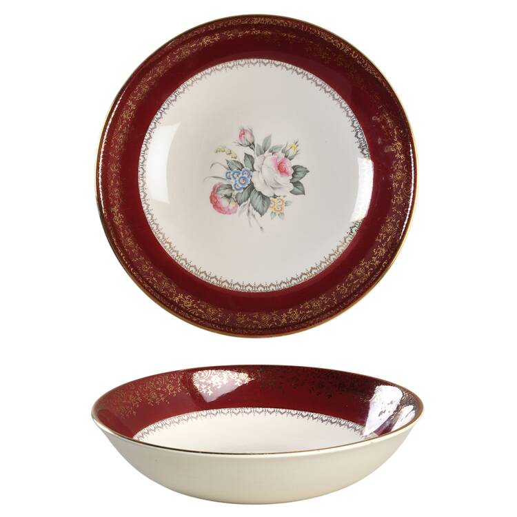 Tudor Rose (Floral Center, Maroon Rim) 8" Round Vegetable Bowl