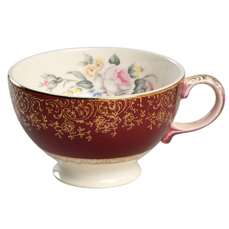 Tudor Rose (Floral Center, Maroon Rim) Footed Cup
